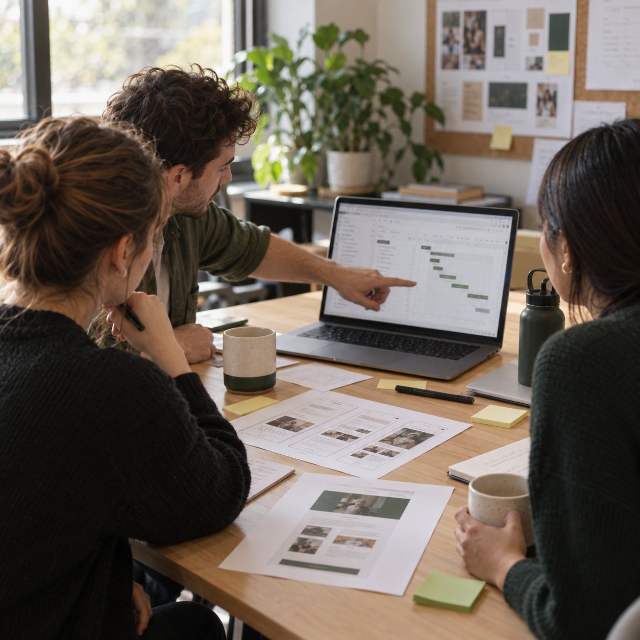 Three colleagues reviewing a project timeline on a laptop with printed wireframes