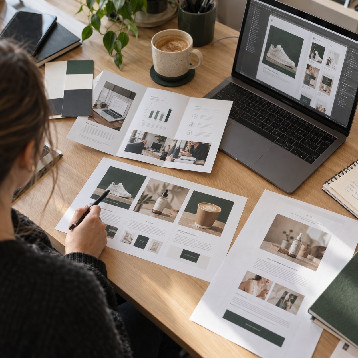 Printed social media ads and an email newsletter layout on a design desk