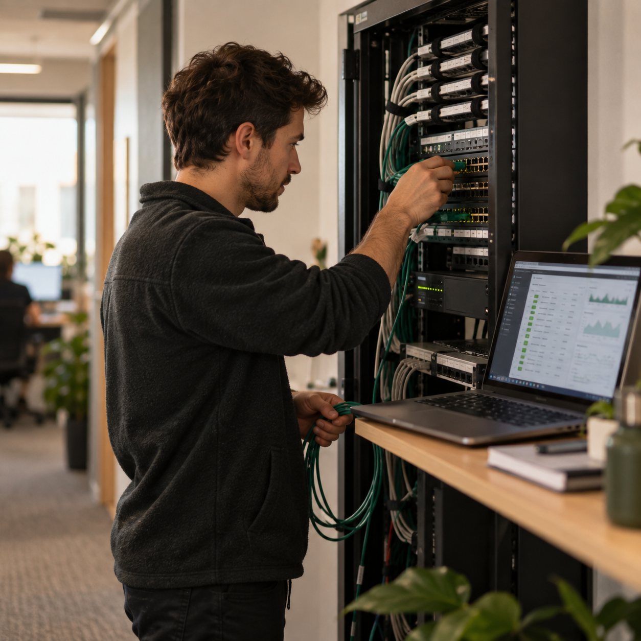 An IT technician patching cables in an office network rack beside a laptop showing network status