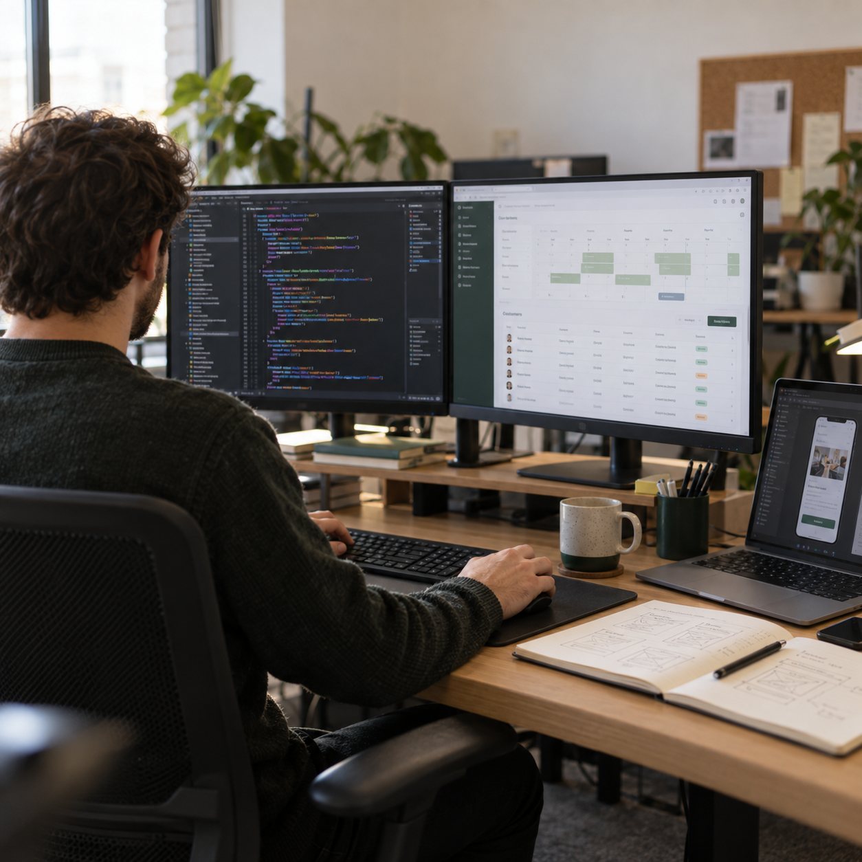 A developer working with a code editor and a booking web app on two monitors
