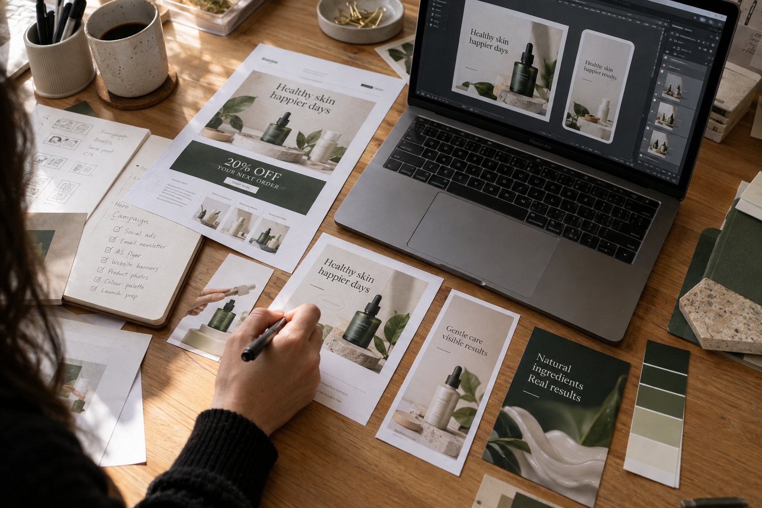 Printed social ads, an email newsletter and a flyer for a skincare product launch