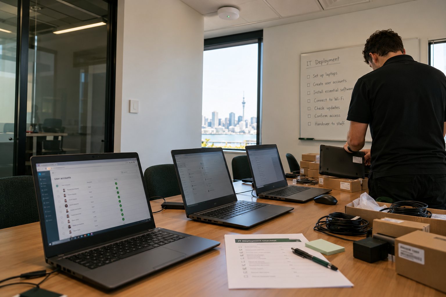 New laptops being set up in an office meeting room with a user admin dashboard on screen