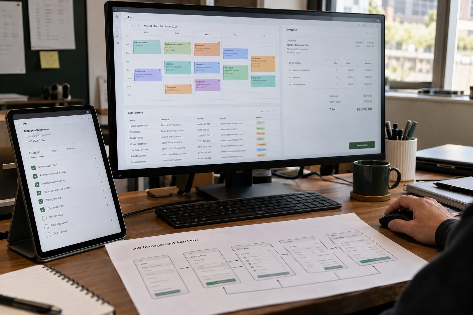 A job management web app with a weekly calendar, customer list and invoice on a monitor and tablet