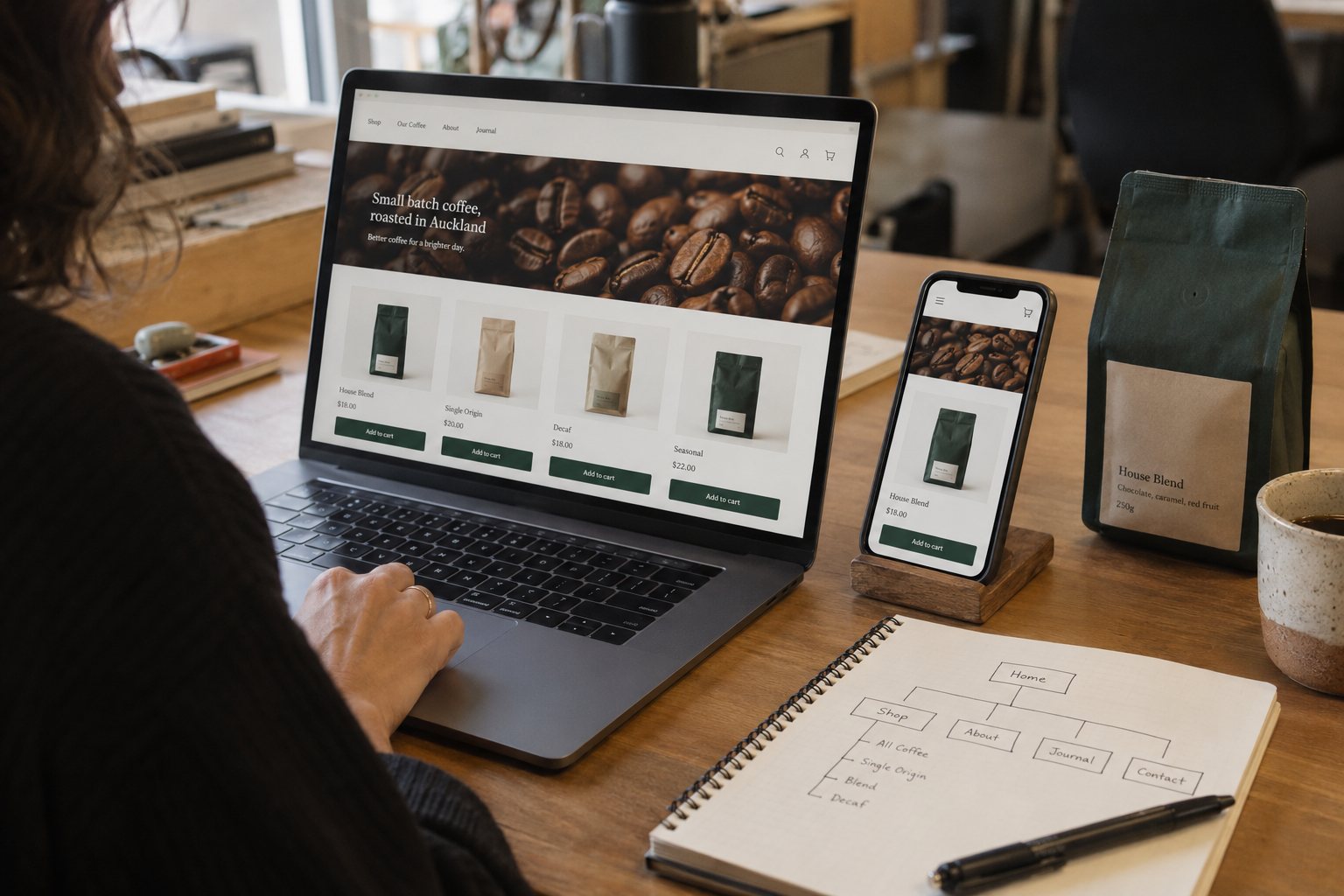 A laptop and phone showing an online store for an Auckland coffee roaster